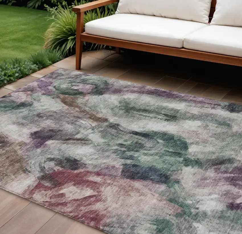 Green Ivory And Blush Abstract Washable Indoor Outdoor Area Rug Photo 2