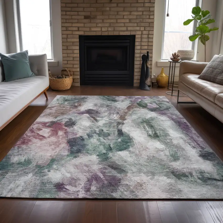 Green Ivory And Blush Abstract Washable Indoor Outdoor Area Rug Photo 8