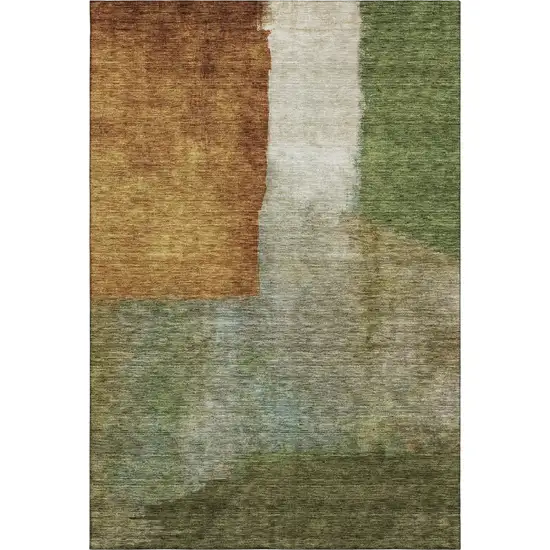 Green Ivory And Brown Abstract Washable Area Rug With UV Protection Photo 2