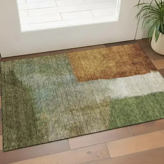 Green Ivory And Brown Abstract Washable Area Rug With UV Protection Photo 1