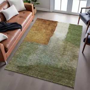 Photo of Green Ivory And Brown Abstract Washable Area Rug With UV Protection