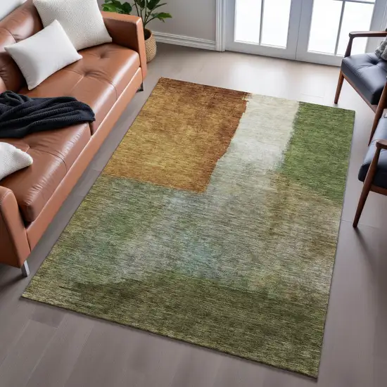 Green Ivory And Brown Abstract Washable Area Rug With UV Protection Photo 1