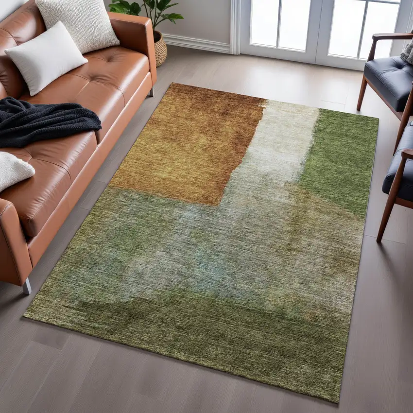 Green Ivory And Brown Abstract Washable Area Rug With UV Protection Photo 1
