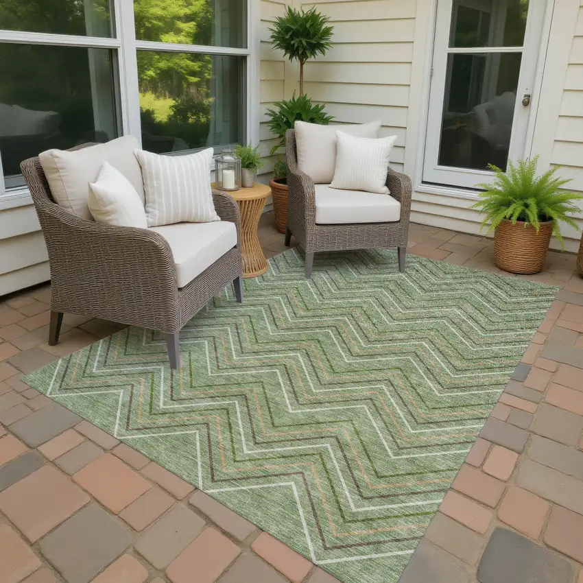 Green Ivory And Brown Geometric Washable Indoor Outdoor Area Rug Photo 4