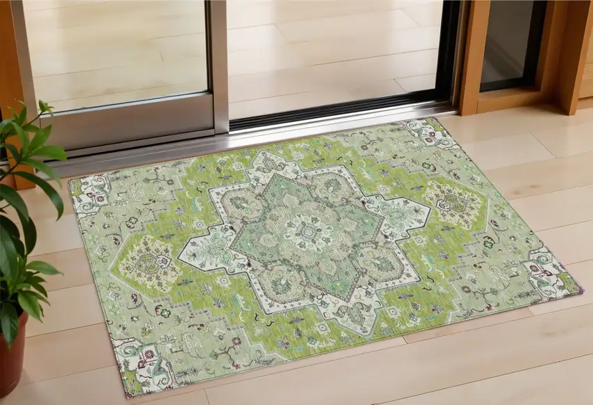 Green Ivory And Brown Oriental Washable Indoor Outdoor Area Rug Photo 1