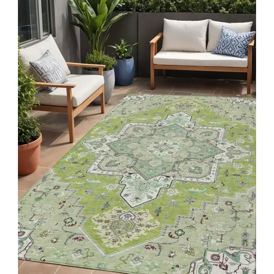 Green Ivory And Brown Oriental Washable Indoor Outdoor Area Rug Photo 1