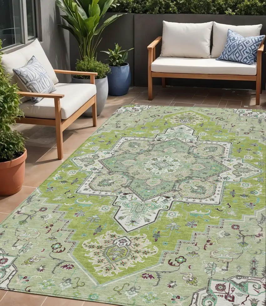 Green Ivory And Brown Oriental Washable Indoor Outdoor Area Rug Photo 1