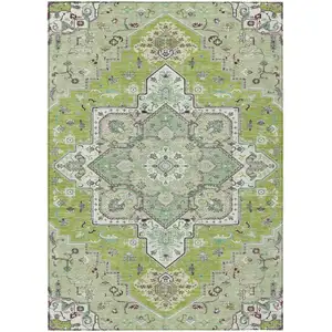 Photo of Green Ivory And Brown Oriental Washable Indoor Outdoor Area Rug