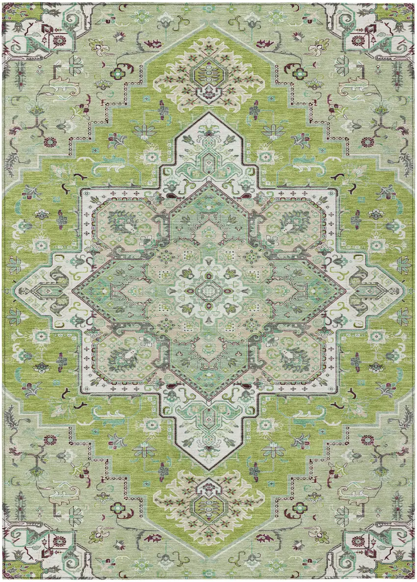 Green Ivory And Brown Oriental Washable Indoor Outdoor Area Rug Photo 2