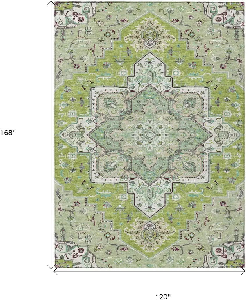 Green Ivory And Brown Oriental Washable Indoor Outdoor Area Rug Photo 3
