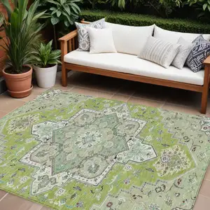 Photo of Green Ivory And Brown Oriental Washable Indoor Outdoor Area Rug