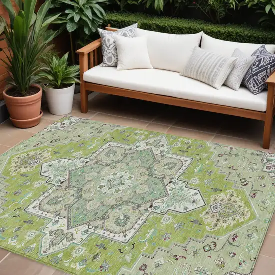 Green Ivory And Brown Oriental Washable Indoor Outdoor Area Rug Photo 1