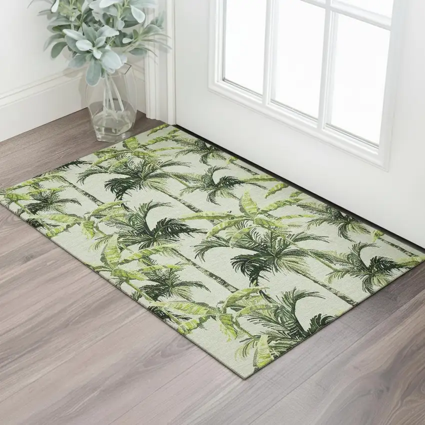 Green Ivory And Charcoal Geometric Washable Area Rug With UV Protection Photo 1