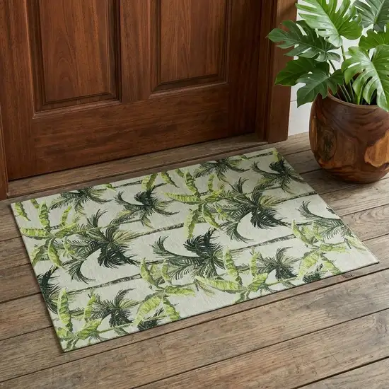 Green Ivory And Charcoal Geometric Washable Area Rug With UV Protection Photo 1