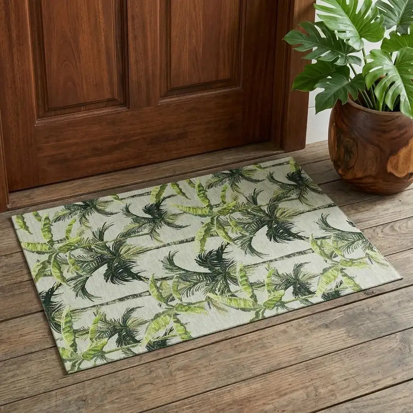 Green Ivory And Charcoal Geometric Washable Area Rug With UV Protection Photo 1
