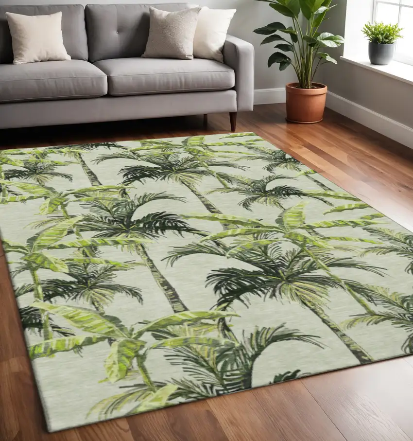 Green Ivory And Charcoal Geometric Washable Area Rug With UV Protection Photo 1