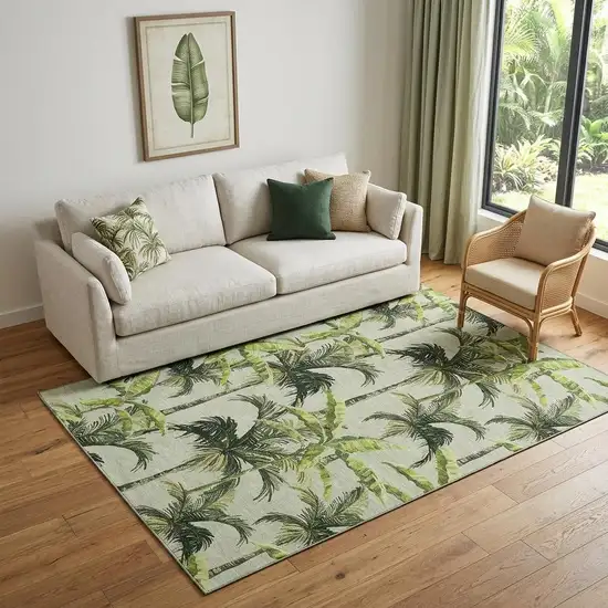 Green Ivory And Charcoal Geometric Washable Area Rug With UV Protection Photo 1