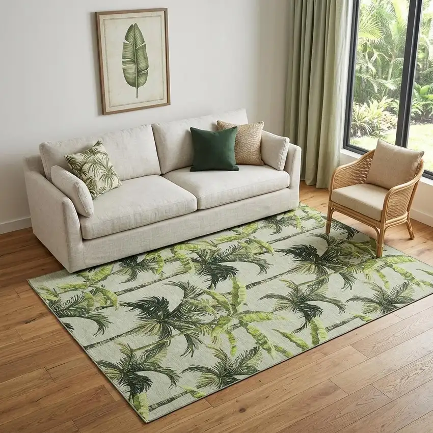 Green Ivory And Charcoal Geometric Washable Area Rug With UV Protection Photo 1