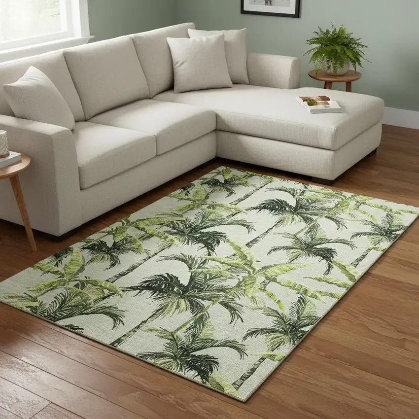 Green Ivory And Charcoal Geometric Washable Area Rug With UV Protection Photo 2