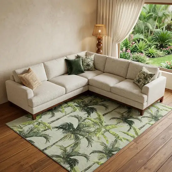 Green Ivory And Charcoal Geometric Washable Area Rug With UV Protection Photo 1