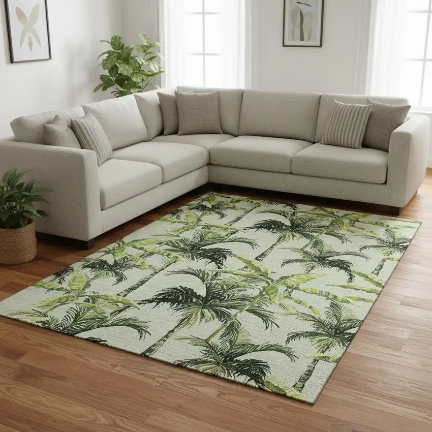 Green Ivory And Charcoal Geometric Washable Area Rug With UV Protection Photo 1