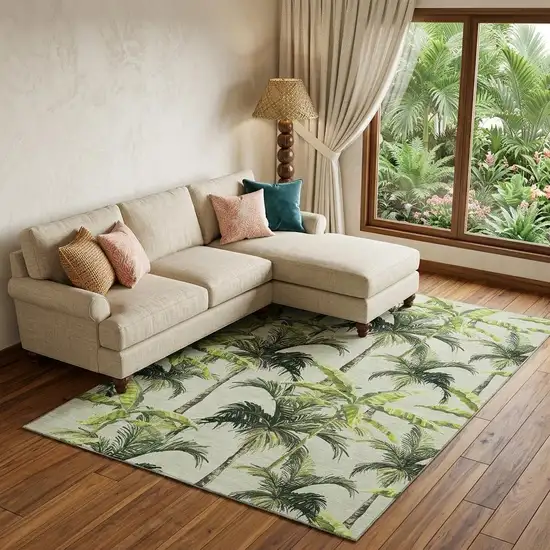 Green Ivory And Charcoal Geometric Washable Area Rug With UV Protection Photo 1