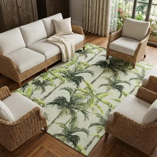 Green Ivory And Charcoal Geometric Washable Area Rug With UV Protection Photo 1