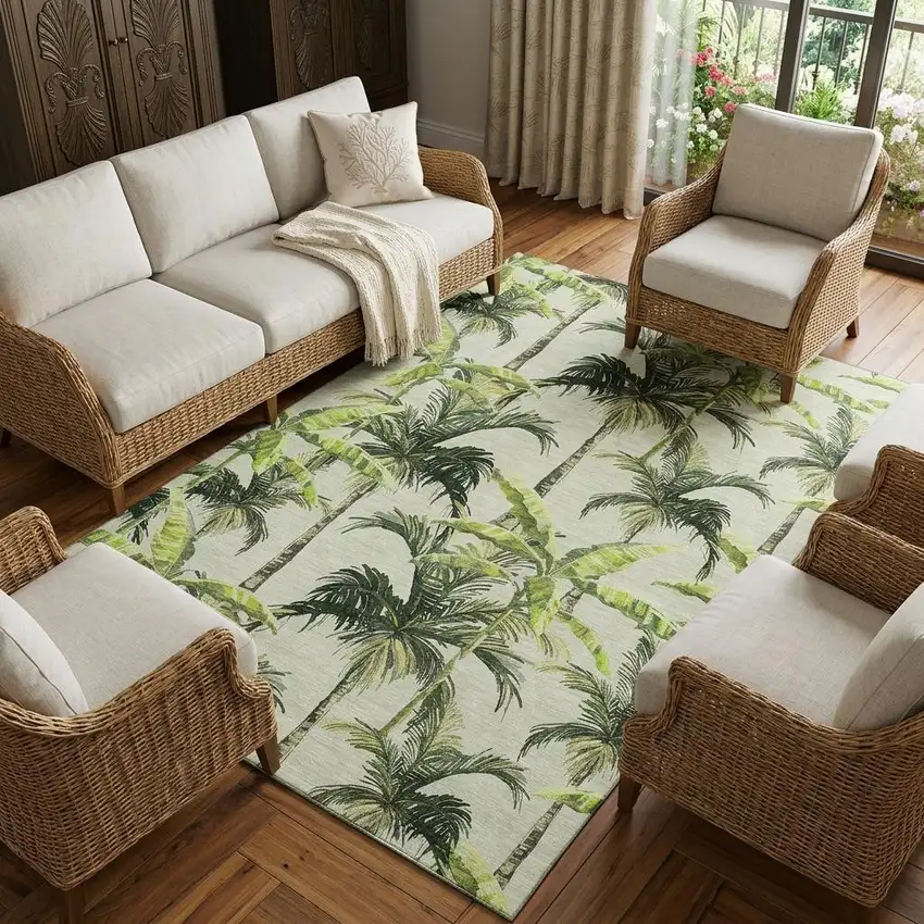 Green Ivory And Charcoal Geometric Washable Area Rug With UV Protection Photo 1