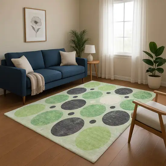 Green Ivory And Charcoal Geometric Washable Area Rug With UV Protection Photo 5