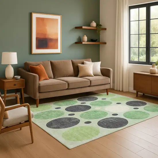 Green Ivory And Charcoal Geometric Washable Area Rug With UV Protection Photo 6