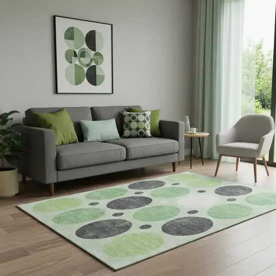 Green Ivory And Charcoal Geometric Washable Area Rug With UV Protection Photo 2
