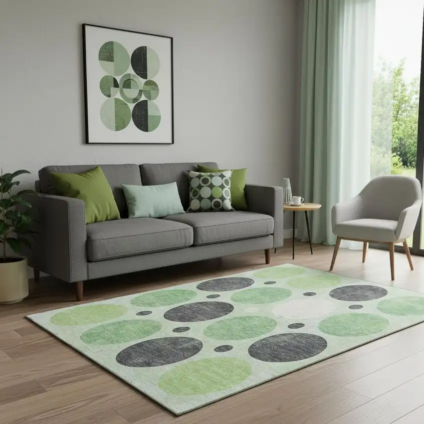 Green Ivory And Charcoal Geometric Washable Area Rug With UV Protection Photo 2
