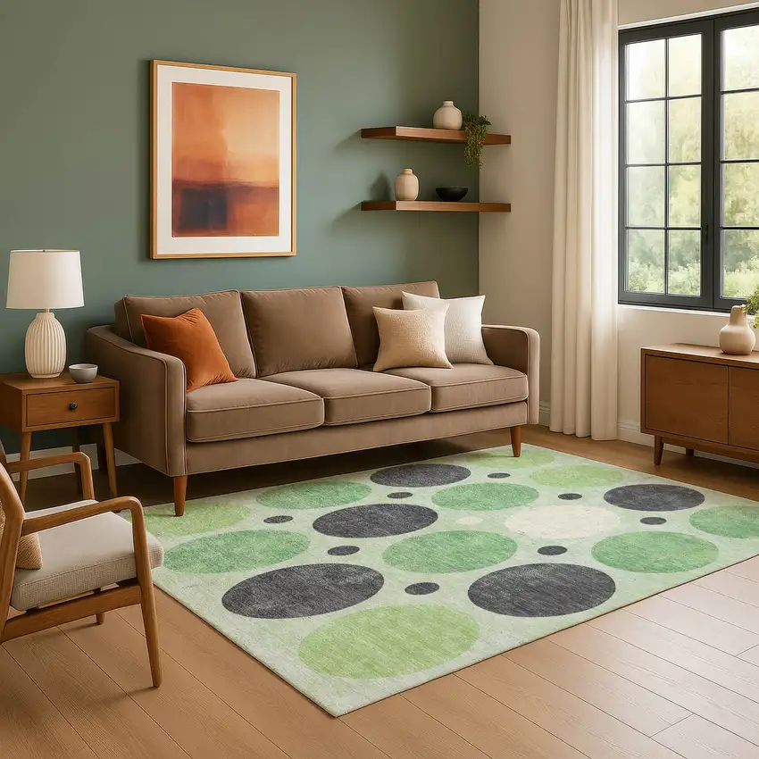Green Ivory And Charcoal Geometric Washable Area Rug With UV Protection Photo 5