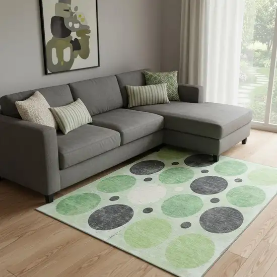 Green Ivory And Charcoal Geometric Washable Area Rug With UV Protection Photo 1