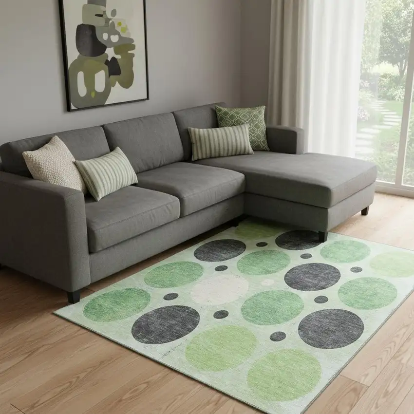 Green Ivory And Charcoal Geometric Washable Area Rug With UV Protection Photo 1