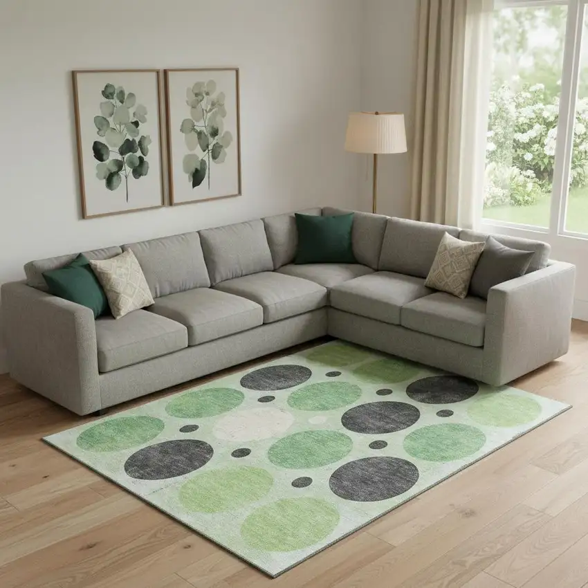 Green Ivory And Charcoal Geometric Washable Area Rug With UV Protection Photo 2