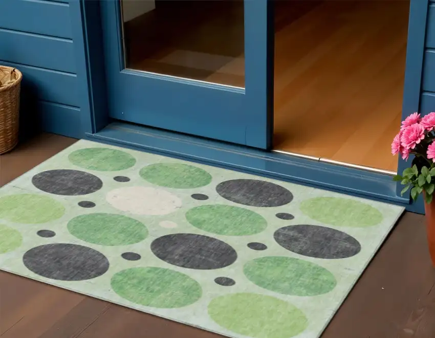 Green Ivory And Charcoal Geometric Washable Indoor Outdoor Area Rug Photo 2