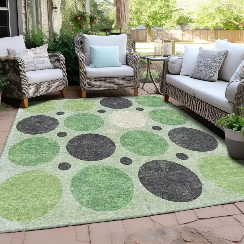 Green Ivory And Charcoal Geometric Washable Indoor Outdoor Area Rug Photo 5