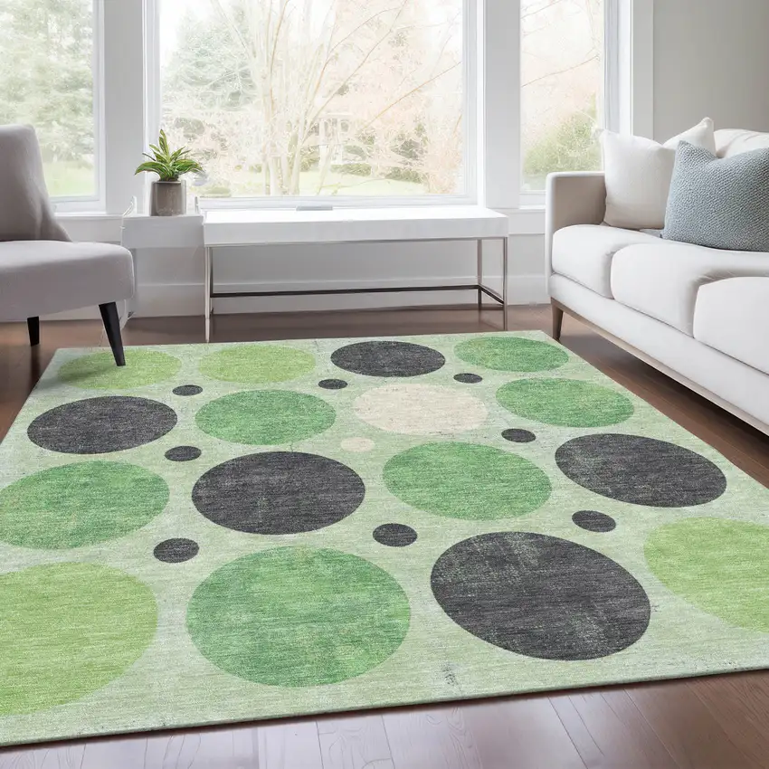 Green Ivory And Charcoal Geometric Washable Indoor Outdoor Area Rug Photo 7