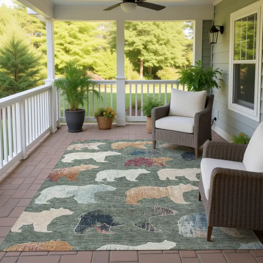 Green Ivory And Copper Bear Washable Indoor Outdoor Area Rug Photo 9