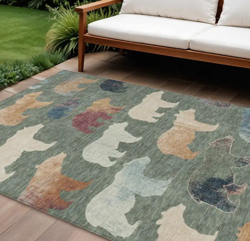Green Ivory And Copper Animal Print Washable Indoor Outdoor Area Rug Photo 1