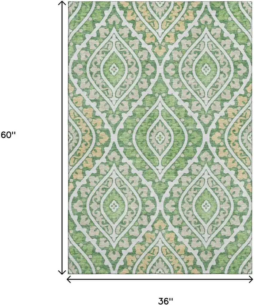 Green Ivory And Gold Diamond Washable Area Rug With UV Protection Photo 2