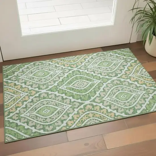 Green Ivory And Gold Diamond Washable Area Rug With UV Protection Photo 1