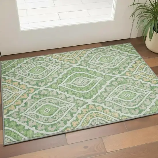 Green Ivory And Gold Diamond Washable Area Rug With UV Protection Photo 2