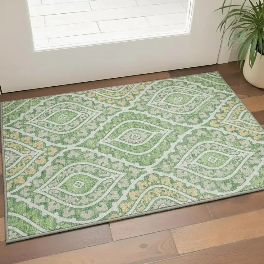 Green Ivory And Gold Diamond Washable Area Rug With UV Protection Photo 2