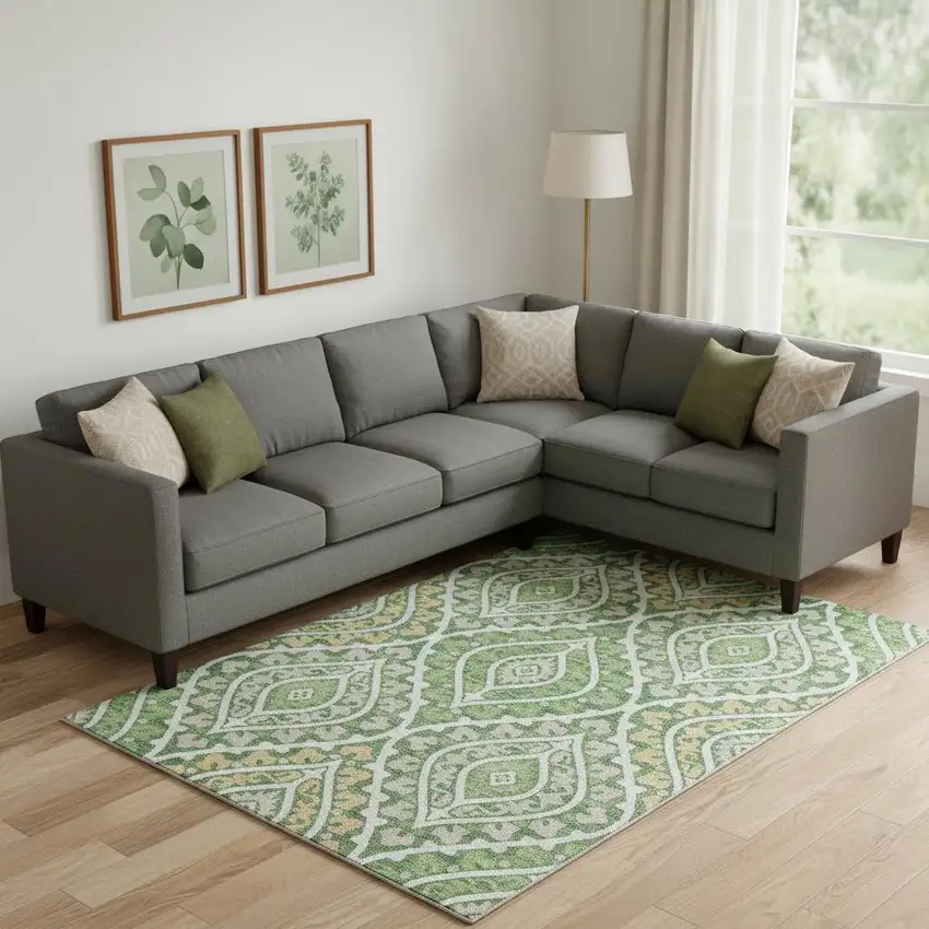 Green Ivory And Gold Diamond Washable Area Rug With UV Protection Photo 1