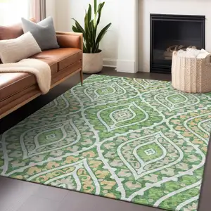 Photo of Green Ivory And Gold Diamond Washable Area Rug With UV Protection