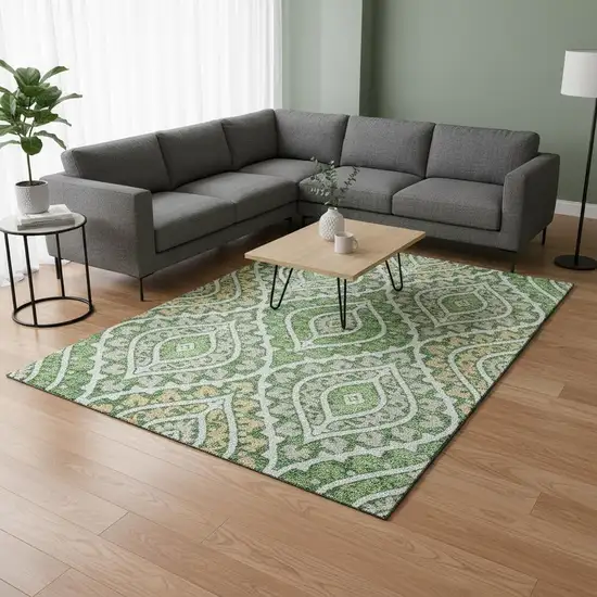 Green Ivory And Gold Diamond Washable Area Rug With UV Protection Photo 2