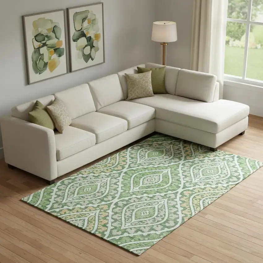 Green Ivory And Gold Diamond Washable Area Rug With UV Protection Photo 1