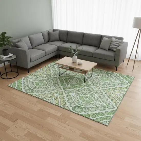 Green Ivory And Gold Diamond Washable Area Rug With UV Protection Photo 2